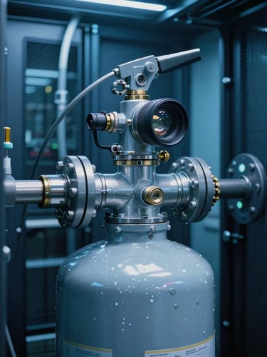 Close-up of a clean agent fire suppression cylinder manifold inside a modern data center, clinical blue lighting
