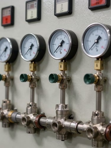 Close-up of industrial fire suppression control panel with steel conduits, precise pressure gauges, and active safety indicators under sharp technical lighting.