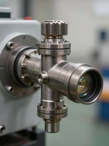 Macro shot of a specialized industrial fire suppression nozzle mounted on heavy machinery, technical details visible, steel texture, sharp focus, clinical lighting.