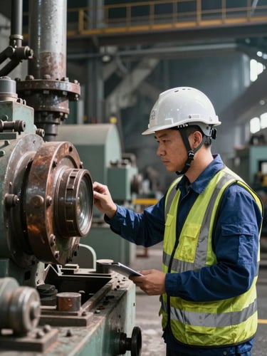 High-contrast portrait of an industrial engineer in a safety helmet inspecting heavy machinery in a large copper mine, bright daylight.