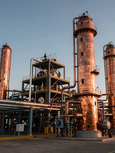 Cinematic wide angle shot of a modern copper processing plant in northern Chile, dramatic high-contrast sunset lighting, steel structures and piping, sharp focus.