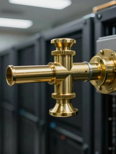 Primer plano técnico de una boquilla de descarga de agente limpio de bronce pulido, instalada en el techo de un centro de datos, iluminación de alto contraste, enfoque nítido.