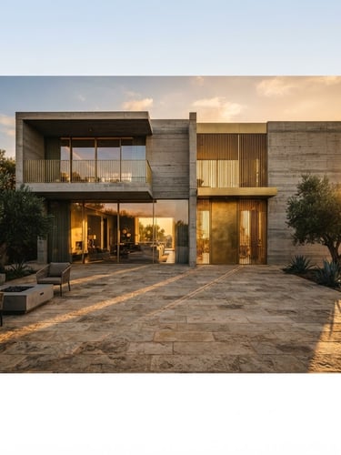 Wide-angle environmental shot of a minimalist concrete and gold-accented villa facade during golden hour, long dramatic shadows stretching across the stone courtyard