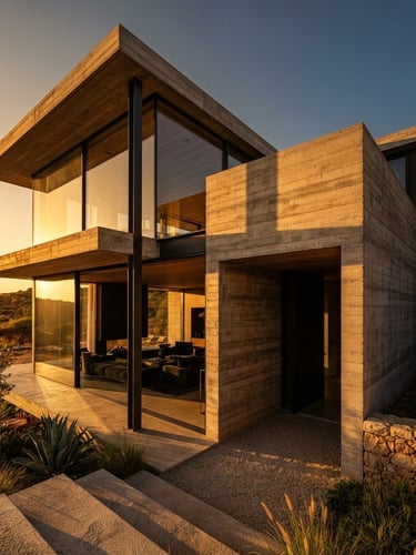 Wide-angle architectural close-up of a minimalist concrete and glass villa at golden hour, dramatic shadows, rich gold tones.