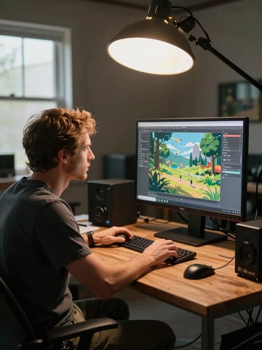 Environmental wide shot from the rig's perspective — James Foxshots seated at a wooden animation desk, reviewing a frame on a monitor, tungsten work-light overhead casting warm directional light across the set and his hands, window light entering from the left side, shallow depth-of-field on the surrounding equipment, no direct eye contact with camera