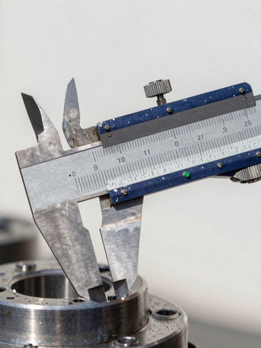 Close-up of industrial calipers measuring a metallic automotive component, green indicator light on, sharp focus, bright daylight, 35mm