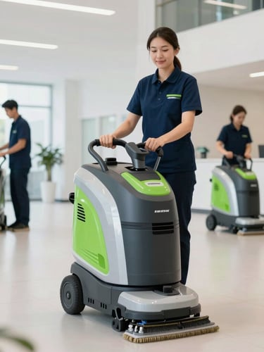 Professional cleaning staff in clean uniforms operating modern floor scrubbing equipment in a bright, spacious corporate lobby, crisp white industrial lighting, navy and green accents, sharp focus, 35mm