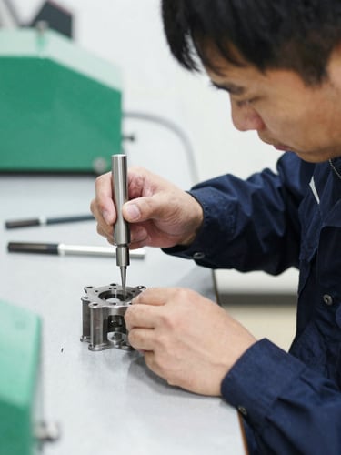 Industrial technician in clean dark uniform performing precision rework on a metal part, bright workspace, high detail, 35mm