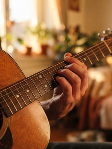 Close-up of hands pressing warm wooden chords on acoustic guitar frets, golden-hour window light, shallow depth of field
