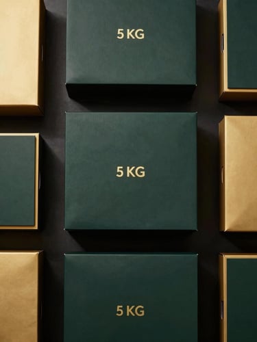 Overhead flat lay of structured black and gold mango gift boxes in 5 KG and 10 KG sizes, clean minimalist arrangement, dark studio background, sharp gold accents
