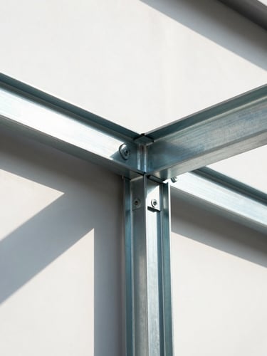 Close-up of steel frame structural joint connection, precision-fastened galvanized steel profiles under strong directional natural light from the left, sharp geometric shadow lines visible on white wall surface, overhead angle emphasizing clean tolerances and engineered assembly