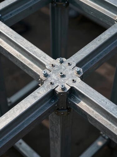 Close architectural overhead view of steel frame structural connections — galvanized steel joints, bolts, and cross-members arranged in precise geometric grid, strong directional light casting sharp shadow lines across the metal surface, graphite tones, technical study angle