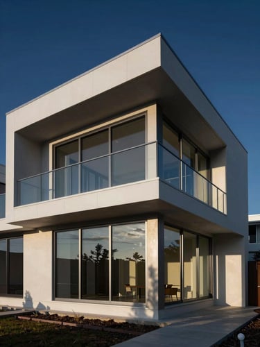 Wide architectural exterior of a completed steel frame residence at dusk — clean horizontal lines, exposed structural fascia, floor-to-ceiling glazing, strong shadow geometry across the facade, deep navy sky behind, photographed from a low oblique angle to emphasize precision of form