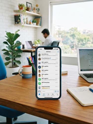 Bright modern workspace in Jabalpur with natural daylight, a smartphone displaying active WhatsApp business chats on a wooden desk, 35mm photography