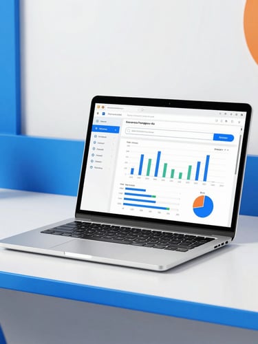 Clean modern workspace with a laptop showing local search analytics graphs, bright high-key lighting, vibrant blue accents, 35mm