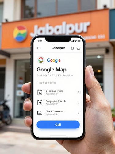 Bright daylight shot of a modern smartphone screen displaying a Google Maps business listing with a prominent blue Call button, Jabalpur storefront background, sharp focus, 35mm
