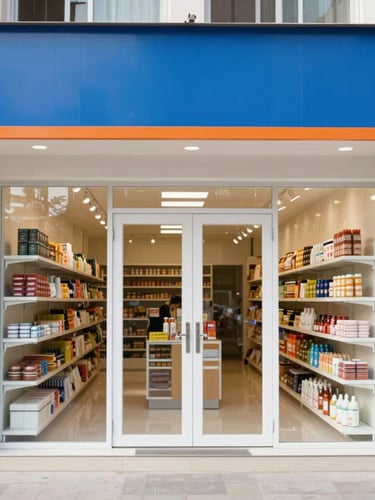 A clean, bright storefront of a local Indian retail shop during daytime, showing high-key natural lighting, sharp focus