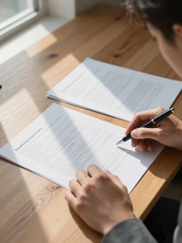 Close overhead view of a consultant's hands reviewing printed financial documents on a wooden desk, natural morning window light casting soft shadows across the pages, a single pen resting beside the papers
