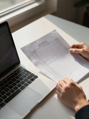 Close overhead view of a desk corner — a single open laptop beside a printed spreadsheet held by one hand, warm natural morning light from a side window, shallow depth of field, no face visible