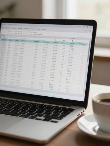 Tight close-up of a laptop screen displaying a spreadsheet with financial data, a coffee cup partially in frame at the lower right, soft afternoon window light illuminating the desk surface, quiet and uncluttered workspace