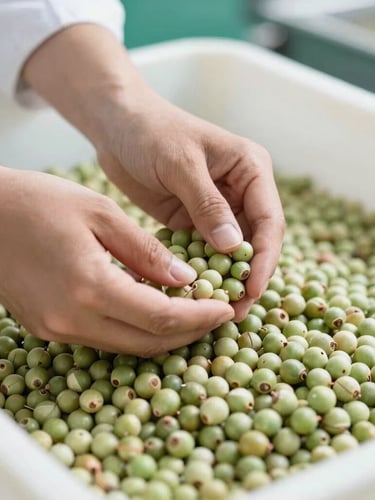 Close-up of hands sorting raw makhana seeds in a bright, clean, hygienic processing facility, natural daylight, professional agricultural setting