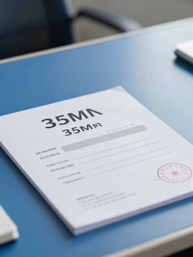 A close-up of a neat vehicle registration certificate on a clean blue desk, bright daylight, professional corporate photography, 35mm