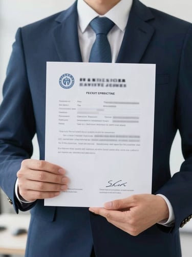 Close-up of a professional agent holding official registration documents with blurred private text, clean corporate office setting, bright natural light