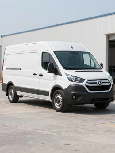 A clean modern commercial delivery van parked in a bright, neutral daylight NCR logistics park, sharp focus, 35mm