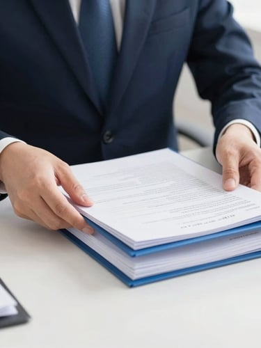 A close-up of a professional agent's hands organizing neat official document folders on a clean desk, bright neutral daylight, 35mm focus