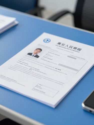 Close-up of official vehicle documents and registration certificate on a clean blue desk, bright corporate lighting, sharp focus