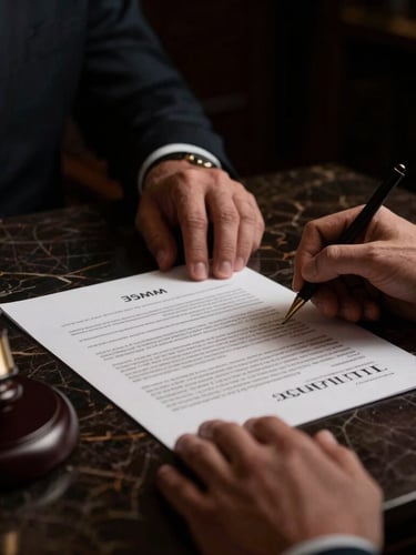 Dramatic low-key close-up of a legal partner's hands signing a complex corporate contract on a dark marble table, focused side-lighting, deep shadows, rich dark tones, 35mm
