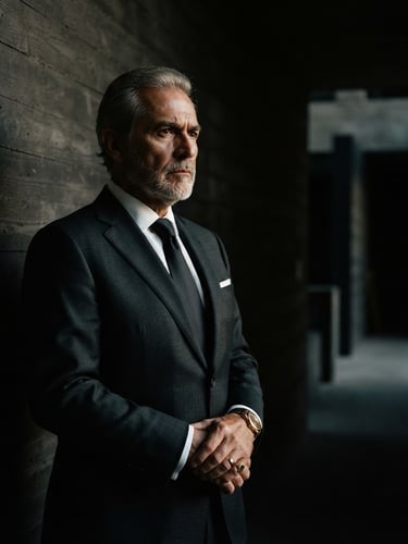 Low-key dramatic portrait of a senior attorney in a bespoke dark suit, side-lit with deep shadows, standing in front of a modern concrete wall in León, cinematic lighting, 35mm