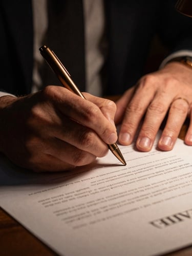 Macro close-up of hands signing a high-stakes corporate contract under a focused warm desk light, deep shadows, rich dark tones, bronze accents