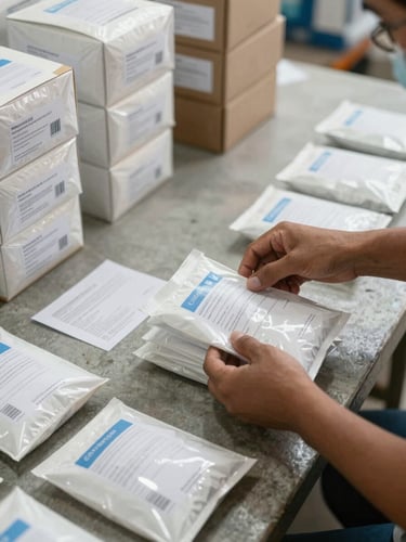Close overhead shot of hands sorting and labelling medical supply packages on a concrete floor at a Cuban distribution site, natural overcast daylight, no faces visible, stacks of boxes receding into the background