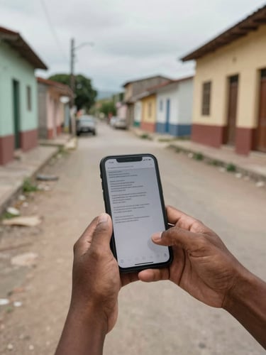 Wide environmental shot of a rural Cuban street, a person's hands holding a phone screen showing a message thread, overcast afternoon light, surrounding buildings and uneven pavement visible in the background, no faces, framed to emphasise the ordinary setting and the active screen