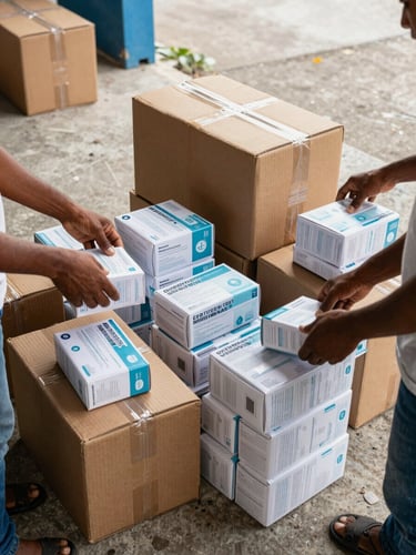 Wide environmental shot, overcast daylight, interior of a Cuban community distribution site — cardboard boxes of medical supplies stacked on a concrete floor, two workers' hands visible sorting packages, no faces, documentary framing from slightly above