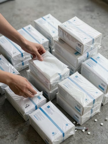 Close overhead shot on a concrete floor, hands sorting sealed medical supply boxes into labeled stacks — gauze, syringes, antibiotics — under flat overcast daylight, no shadows, the work filling the frame edge to edge
