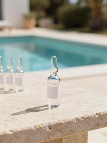 Warm luxury editorial photography of a sun-drenched Ibiza villa poolside, clean medical-grade glass vials on a limestone table, soft shadows, 35mm