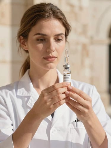 Editorial portrait of a female medical professional with hands preparing an elegant glass vial, warm Mediterranean daylight, soft limestone background, shallow depth of field, 35mm.