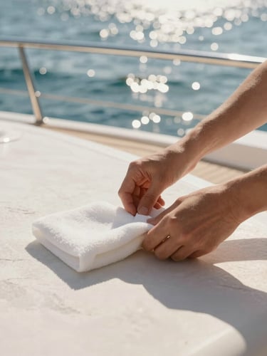 Warm luxury editorial photography of professional hands preparing a treatment on an elegant yacht deck, sun-dappled Mediterranean water in the background, soft shadows, 35mm