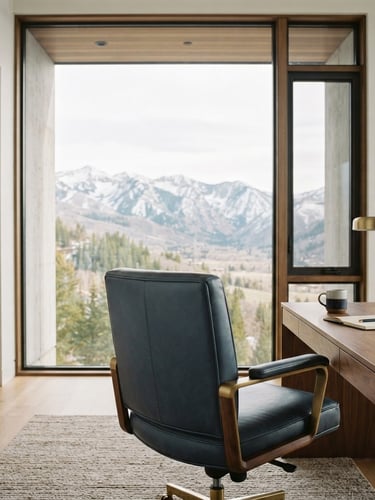 Quiet, high-end architectural workspace, soft mountain daylight, expansive white space, a single empty executive chair facing a large window overlooking a serene Park City landscape, muted navy and gold tones, shallow depth of field.