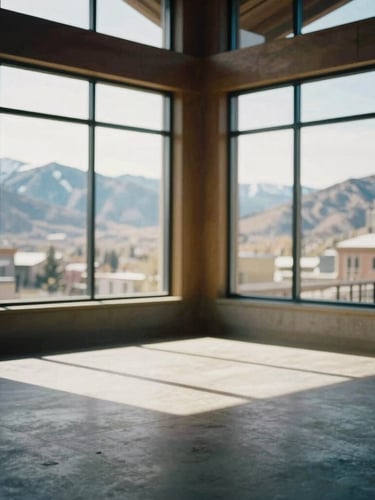 A quiet, high-end architectural interior space in Park City, Utah, with natural light streaming through large windows overlooking a snowy mountain landscape, empty, soft mountain daylight, muted navy and gold tones, shallow depth of field, 35mm.
