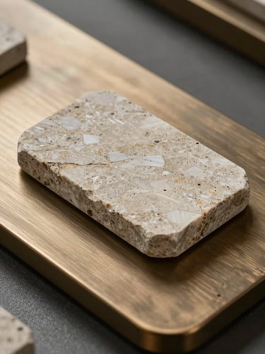 Close-up of raw premium materials, textured natural stone resting against a brushed bronze plate, soft architectural lighting, elegant shadows.