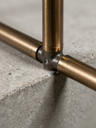 Macro detail of raw premium materials, brushed bronze junction meeting smooth exposed concrete, natural side lighting