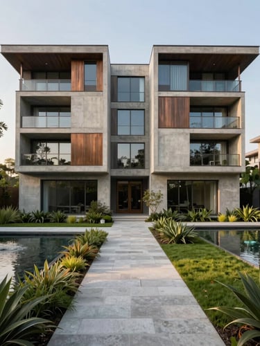 Wide architectural shot of a modern concrete and bronze residential building integrated seamlessly with mature green pathways and water features under soft morning light.