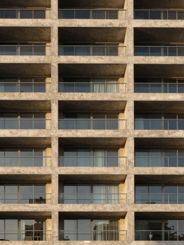 Wide panoramic architectural detail of a concrete and glass residential facade in Santa Catarina, soft golden hour light casting long shadows, minimalist composition, raw premium materials.