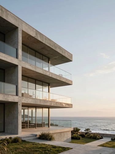 Wide-angle architectural view of a minimalist concrete and glass facade facing the Porto Belo sea, morning diffused light, soft golden hour shadows, high-end residential structure integrated with nature, negative space on the right.