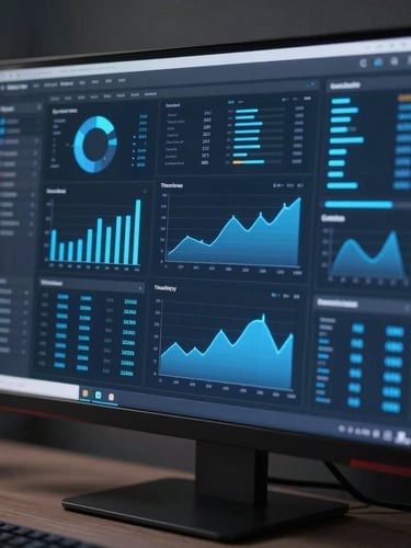 Macro shot of a high-fidelity dark mode analytics dashboard on a sleek monitor, glowing blue graphs and metrics, cool studio lighting, sharp focus