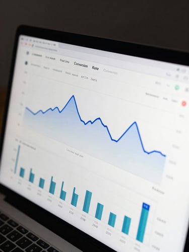 Close-up of a high-fidelity dark mode analytics dashboard showing real-time conversion rate metrics, clean blue line charts, and technical attribution graphs, sharp studio lighting, macro lens.