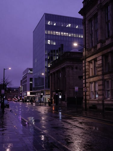 Moody environmental shot of Belfast's urban business landscape at dusk, wet streets reflecting violet neon lights, high contrast, 35mm